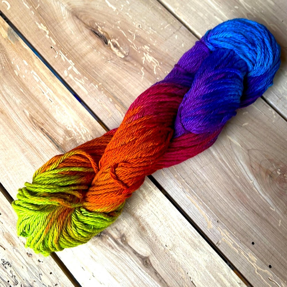 acid yellow-orange-red-purple-blue colour-way, hand-dyed 4ply crochet cotton 50g